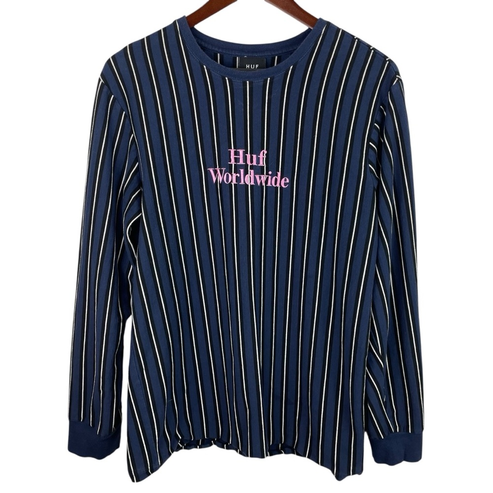 HUF | Navy White Black Stripe Pink Logo Long Sleeve Shirt